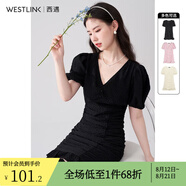 西遇V領(lǐng)泡泡袖連衣裙女2024年早夏新款法式褶皺收腰修身包臀裙子 黑色 L