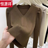 恒源祥泡泡袖V領(lǐng)加厚針織衫套頭毛衣女秋冬季2025新款時(shí)髦內搭小眾上衣 咖啡色 S