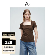 H's深U領(lǐng)T恤女25夏新款設(shè)計感法式包肩高支密薄款親膚短袖上衣 咖色 M