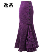 逸系魚(yú)尾半身裙春秋冬歐美新款長(cháng)裙維多利亞高腰氣質(zhì)半身裙朋克裙魚(yú)尾 紫色提花 S