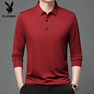 花花公子（PLAYBOY）中老年男士長(cháng)袖t恤春秋季純棉polo衫2025中年翻領(lǐng)純色體恤男裝丅 91209磚紅 4XL 190/130/58推薦185-200斤