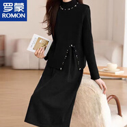 羅蒙加大碼350斤胖mm感針織連衣裙女秋冬寬松氣質(zhì)兩件套裝毛衣裙 黑色 【兩件套】 3XL 130-145斤