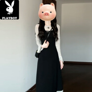 花花公子（PLAYBOY）法式感假兩件黑色連衣裙2025新款韓系早秋氛圍感顯瘦修身長(cháng)裙 黑色秋季流行風(fēng)格/連身裙/女裝/七夕女生約會(huì )穿搭/簡(jiǎn)單 L 55/60kg 【送運費險 現貨速發(fā)】