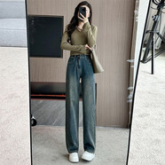 以純（YISHion）高腰窄版牛仔褲女秋季150小個(gè)子九分顯高寬松顯瘦垂感直筒闊腿褲 水泥藍 加長(cháng) 158cm以上 3XL