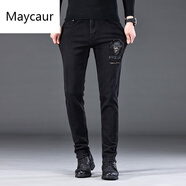 Maycaur黑色燙鉆牛仔褲小腳修身秋冬歐貨潮流休閑褲小魔怪男高端潮牌彈力 黑色 28