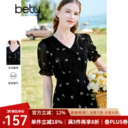 百圖betu女裝夏新款連衣裙短袖雪紡萌兔繡花減齡連衣裙女2303T90 黑色 XS
