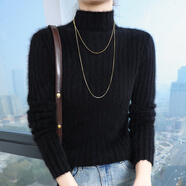 內蒙鄂爾多斯市產(chǎn)半高領(lǐng)羊絨衫女秋冬緊身坑條針織羊毛衣打底衫 黑色 黑色 M