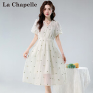 拉夏貝爾（La Chapelle）法式V領(lǐng)收腰刺繡歐根紗連衣裙女2025夏季新款百搭顯瘦小個子裙子 米白色 S  建議100斤以下