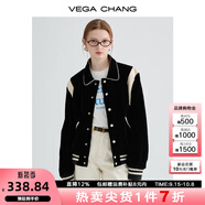VEGA CHANG美式短外套女2025年秋季新款休閑學院風拼色棒球服外套 絲絨黑 S