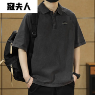 寇夫人佳澤雨男裝店polo衫男夏季復(fù)古水洗寬松上衣男士潮流刺繡 黑色 M
