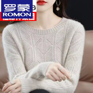 羅蒙（ROMON）高檔品牌新款羊毛衫女秋冬寬松提花羊毛衫圓領(lǐng)針織羊毛打底毛衣 米駝色 S