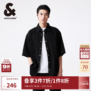 杰克·瓊斯（JACK&JONES）夏寬松版型翻領(lǐng)領(lǐng)口簡(jiǎn)約時(shí)尚深灰牛仔襯衫短袖外套男裝224259002 A16深灰牛仔 常規(guī) L