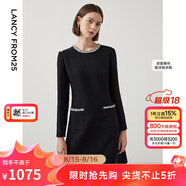 朗姿【尖貨補(bǔ)單】法式氣質(zhì)名媛小香風(fēng)長(zhǎng)袖高腰通勤女冬季新款連衣裙女 黑色3 M