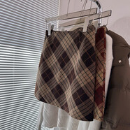菲尼東爵美拉德復古撞色加厚斜紋格子毛呢半身裙女腰顯瘦A字包臀短裙子 咖啡色 S