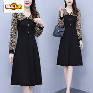 初徑大碼女裝茶歇氣質(zhì)豹紋拼接裙子秋新款胖時(shí)尚顯瘦遮肚法式連衣裙 圖片色 L (建議100-115)