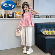 迪士尼（Disney）女童夏裝飛袖套裝2025夏季新款中大童寬松洋氣時髦無袖褲子兩件套 粉色套裝【粉色上衣+米白色褲子 140 cm