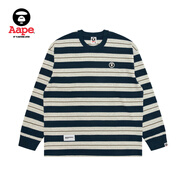 Aape旗艦店男裝秋冬小標徽章復古條紋休閑潮流長(cháng)袖T恤1718XXP NYE/深藍色 均碼 M