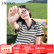 LAGOGO撞色花邊條紋T恤女拉谷谷2025年夏新款POLO領(lǐng)純棉寬松短袖 黑米 L