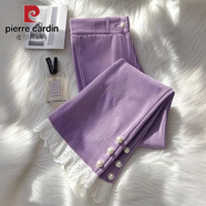 皮爾卡丹加絨加厚休閑褲女2025冬季新款洋氣紫色蕾絲拼接燈芯絨微喇闊腿褲 紫色【不加絨】 薄款 2XL 【140-155斤】