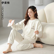 莫蓮娜睡衣女士小個(gè)子大碼新款法蘭絨秋冬季加絨加厚珊瑚絨家居服套裝 伊【法蘭絨套裝】8101米白色 L (建議100-120斤)