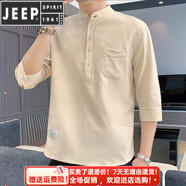JEEP SPIRIT/吉普夏季男士七分袖棉T恤潮流韓版立領套頭男裝袖亞麻T恤上 DC605卡其色 3XL