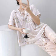 棉絲女式夏季薄短袖褲V領(lǐng)甜寬松大碼流行棉絲家庭服裝套裝 TZ03-2302春天花淺粉 L