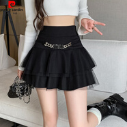 皮爾卡丹荷葉邊裙半身裙韓版高腰短裙2025新款秋冬蛋糕裙松緊腰防走光裙褲 黑色 L