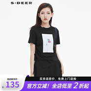 S.DEER圣迪奧女裝圓領(lǐng)撞色膠印系帶不規則T恤S22260135 黑色/91 S 160
