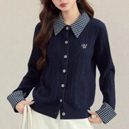 KAHTOP2026春秋新款學(xué)院風(fēng)POLO領(lǐng)假兩件拼接針織衫女毛衣開(kāi)衫WTC 復古麻花刺繡藏青色 S 建議【85-95】斤