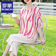 羅蒙（ROMON）媽媽夏裝洋氣雪紡上衣服中年女裝夏裝時(shí)尚大碼中老年短袖T恤套裝 紅色 2XL (推薦120-130斤)
