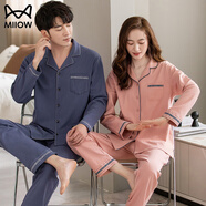 貓人（MiiOW）新款睡衣女秋冬季純棉長(cháng)袖長(cháng)褲開(kāi)衫翻領(lǐng)套裝情侶大碼家居服可外穿 【A34627女 A34628男】 M 女