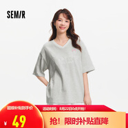 森馬（Semir）短袖T恤女中長款V領(lǐng)蕾絲繡花2025夏oversize上衣氣質(zhì)109325100033