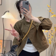 唯唯（WEWE）復(fù)古時(shí)尚牛仔短外套2025秋季新款小眾寬松小個(gè)子立領(lǐng)工裝夾克上衣 咖綠色 M （100-110斤）  
