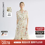 朗姿桑蠶絲v領(lǐng)高腰a字碎花裙2025年夏季新款高級感氣質(zhì)中長連衣裙 米白色 L