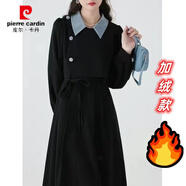 皮爾卡丹法式桔梗假兩件加絨加厚連衣裙女秋冬季大碼胖mm感超仙收腰中長(cháng)裙 連衣裙【黑色】 【加絨加厚】 XL 適合【120-140斤】