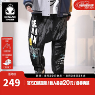 閃電潮牌（GENANX）哈倫褲街頭嘻哈黑灰撞色涂鴉印花牛仔褲潮 黑灰色 XL