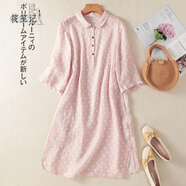 筱笙記日系波點(diǎn)苧麻連衣裙女夏季休閑氣質(zhì)減齡套頭裙子棉麻七分袖中長(zhǎng)裙 粉色 M 【95-115斤】