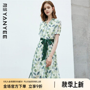 顏域印花連衣裙女士秋裝新款時(shí)尚減齡收腰顯瘦碎花裙子 綠色短袖 S/36