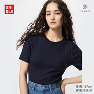 優(yōu)衣庫女裝3D精紡美利奴羊毛羅紋圓領(lǐng)針織衫/5分袖480188 69 藏青色 XL /165/92A