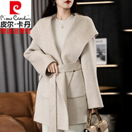 皮爾卡丹高檔新連帽雙面羊毛大衣女短款小個(gè)子帶帽外套女系帶款雙面呢外套 漢玉白 M