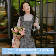 樂(lè )町小香風(fēng)背心裙千金感U領(lǐng)A字裙亮片毛邊設計連衣裙 深灰（現貨） S