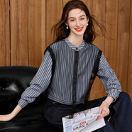 白鹿語(yǔ)個(gè)性異質(zhì)拼接條紋襯衫2025秋季新款立領(lǐng)時(shí)尚襯衣女 藍黑條 S