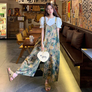 冊裁溫柔顯瘦t恤兩件套連體褲女夏新款休閑印花九分闊腿褲韓版背帶褲 圖片色 S