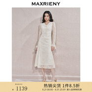 MAXRIENY浪漫復古感連衣裙收腰壓褶刺繡蕾絲長(cháng)裙訂婚小白裙 米白 L 03/38