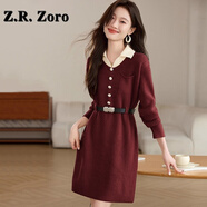 Z.R.Zoro奢侈品連衣裙女2025秋冬新款設(shè)計(jì)感假兩件針織連衣裙打底毛衣裙女 安可拉紅 M