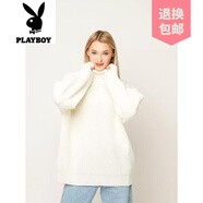 花花公子（PLAYBOY）品牌歐美2025秋冬新款高領女式毛衣大碼寬松落肩純色女式針織 白色 均碼