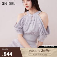 SNIDEL2025春夏新品優(yōu)雅露肩流蘇收腰掛脖印花連衣裙SWFO251123 淺灰色 M (1)