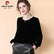 皮爾卡丹（pierre cardin）高端金絲絨上衣女2025年春秋新款小香法式釘珠小衫洋氣長(cháng)袖打底衫 黑色 XL 建議115-125斤