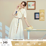 兩三事梵高文藝 美學漣漪 2025夏季新款印花貼布繡綁帶翻領連衣裙 杏色 S