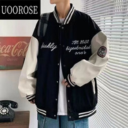 UOOROSE  廣州棒球服vintage美式棒球服外套男春秋oversize國潮黑白拼接 JK17黑色 M 80-100斤